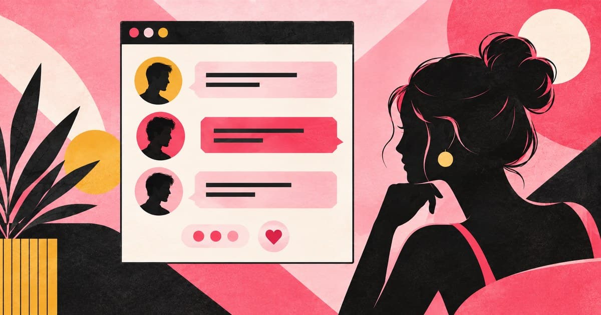 Suaugusi moteris vertina kelias pirmas žinutes stilizuotame internetiniame pokalbyje